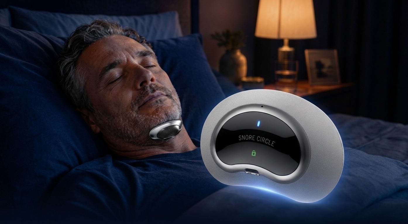 Homme endormi portant le dispositif Snore Circle sous le menton